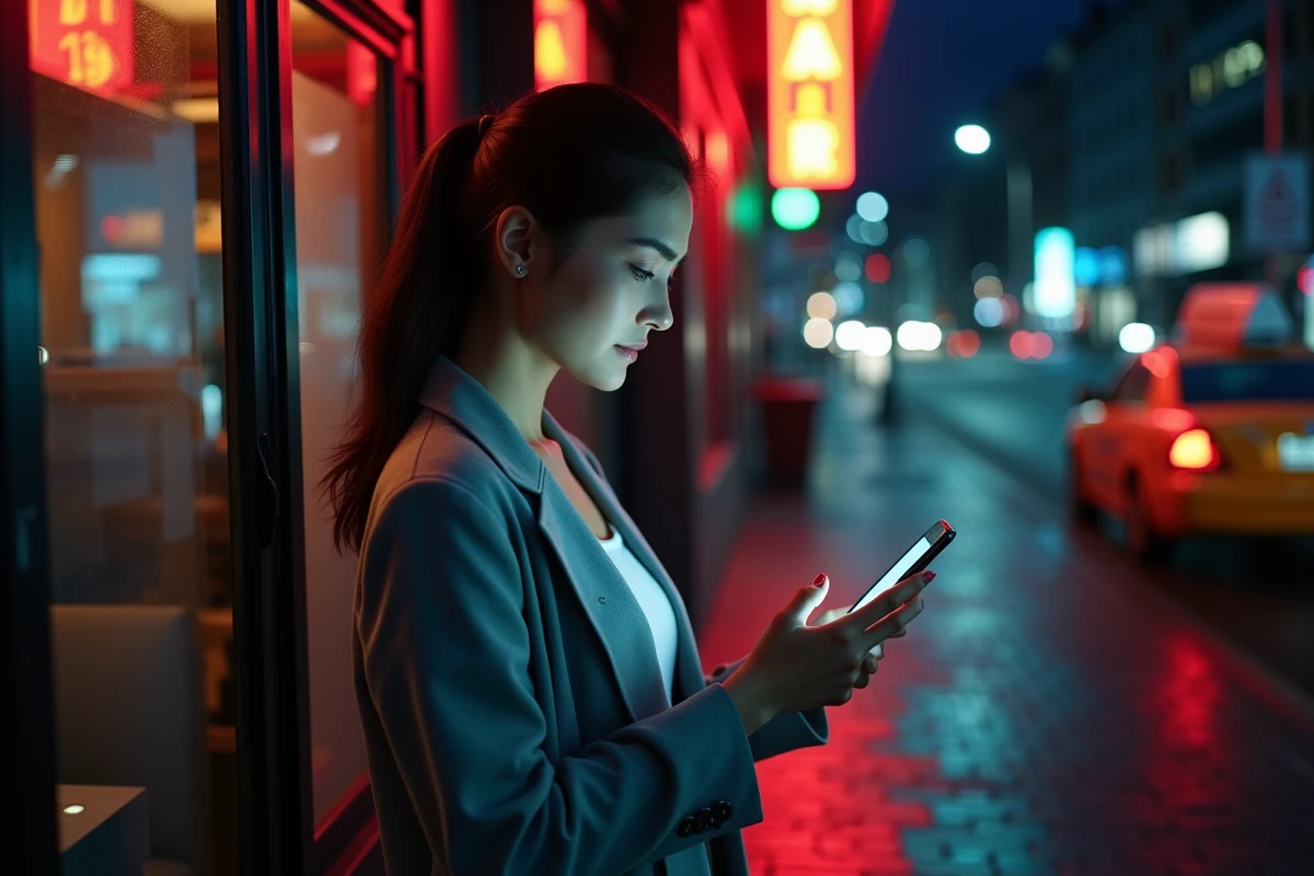 Femme consultant une application simulateur d'alcoolémie devant l'entrée d'un bar la nuit