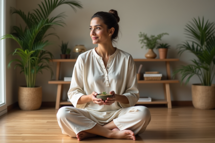 Femme indienne en kurta tenant une tisane ayurvedique