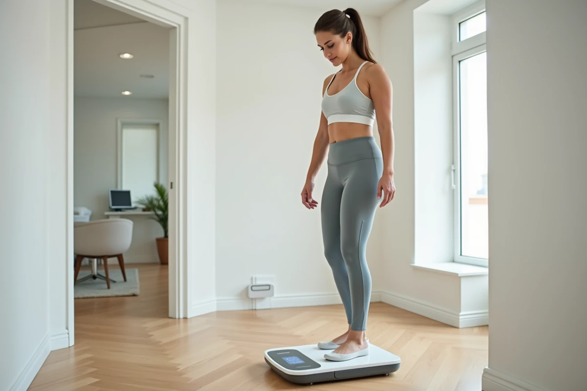 Femme debout sur une balance médicale dans une clinique pour estimer son volume sanguin en fonction de sa morphologie corporelle