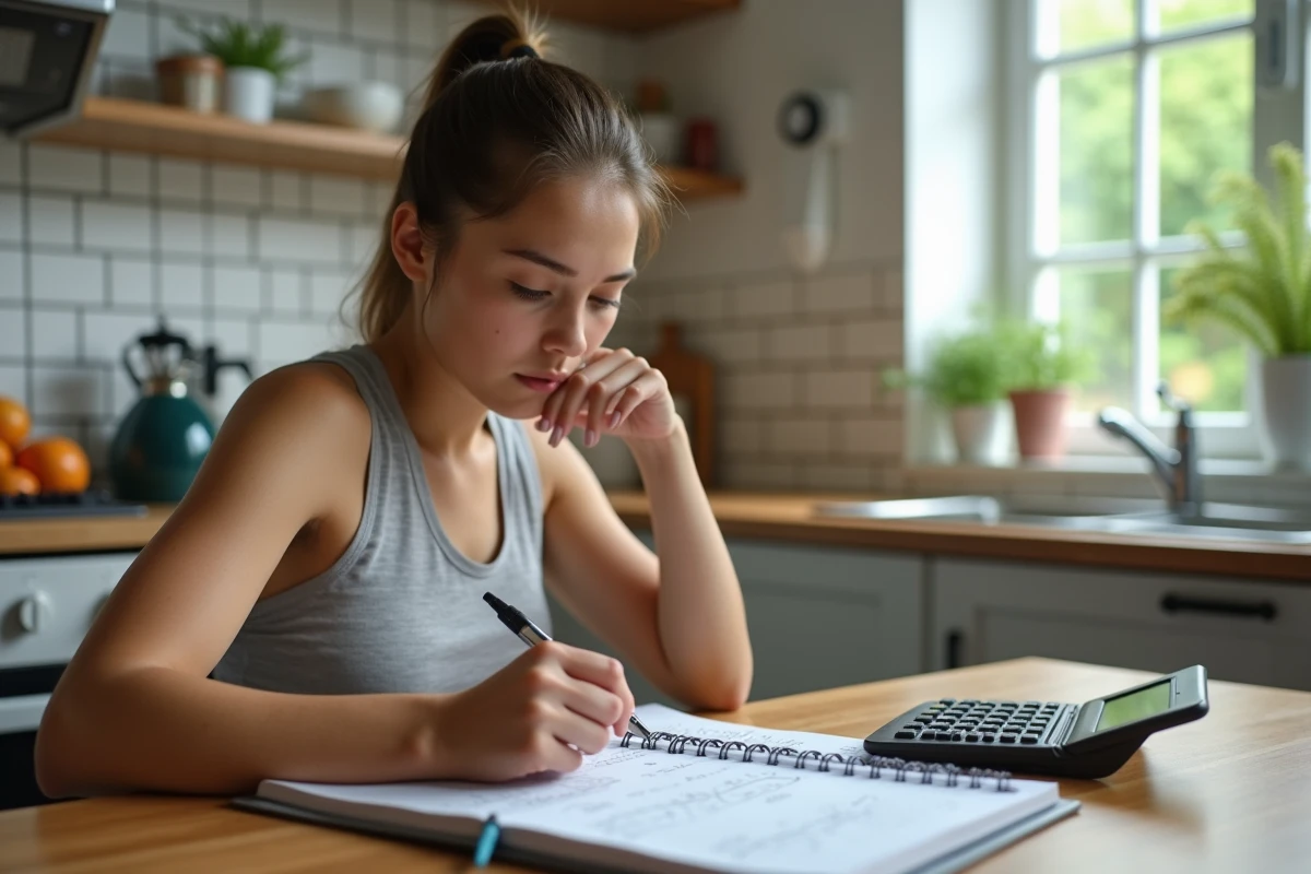 Jeune femme en calculatrice dans une cuisine lumineuse