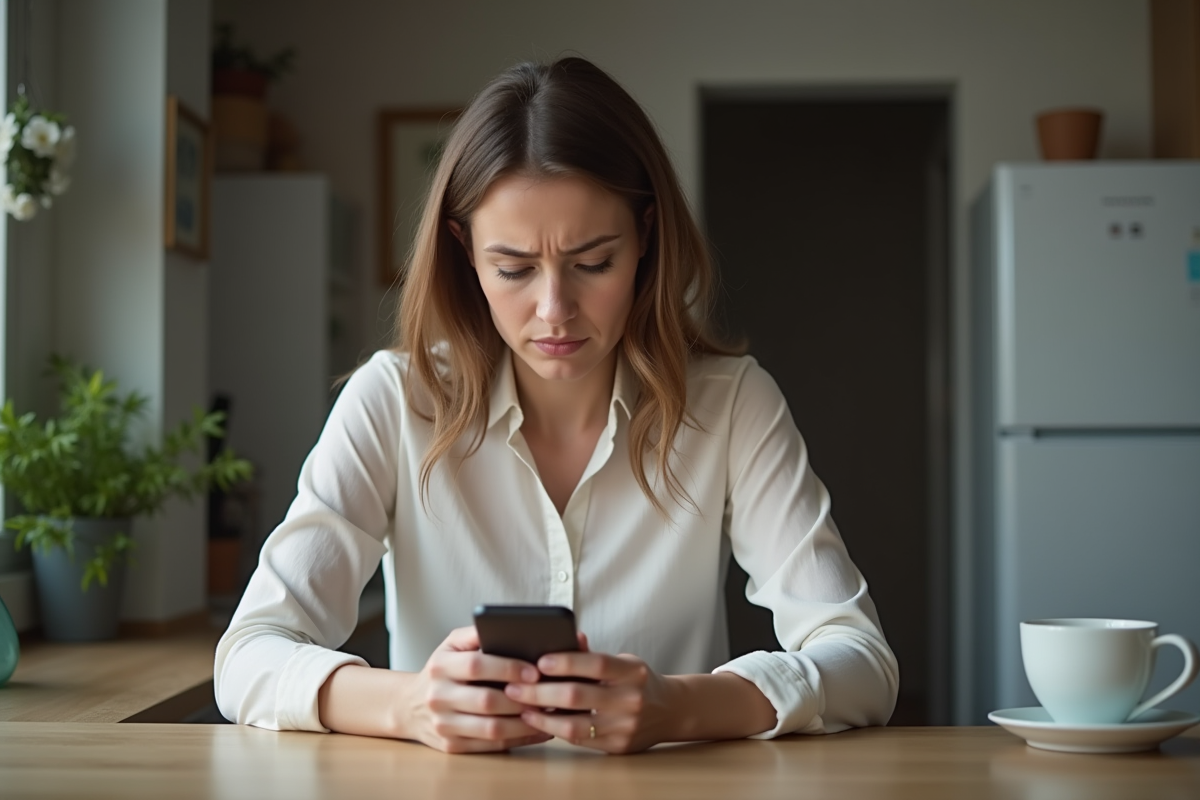 Femme assise à la cuisine avec un téléphone, expression préoccupée