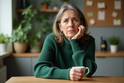 Femme assise &agrave; la cuisine avec tasse chaude et ambiance chaleureuse
