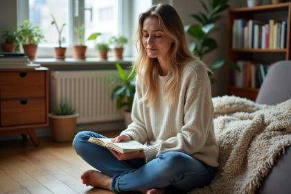 Femme assise sur le sol dans un appartement cosy avec livre