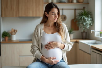 Femme assise en cuisine avec expression préoccupée