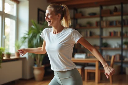 Femme souriante en mouvement dans un salon ensoleille