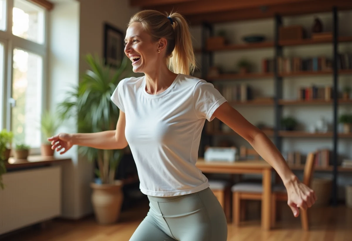 Femme souriante en mouvement dans un salon ensoleille