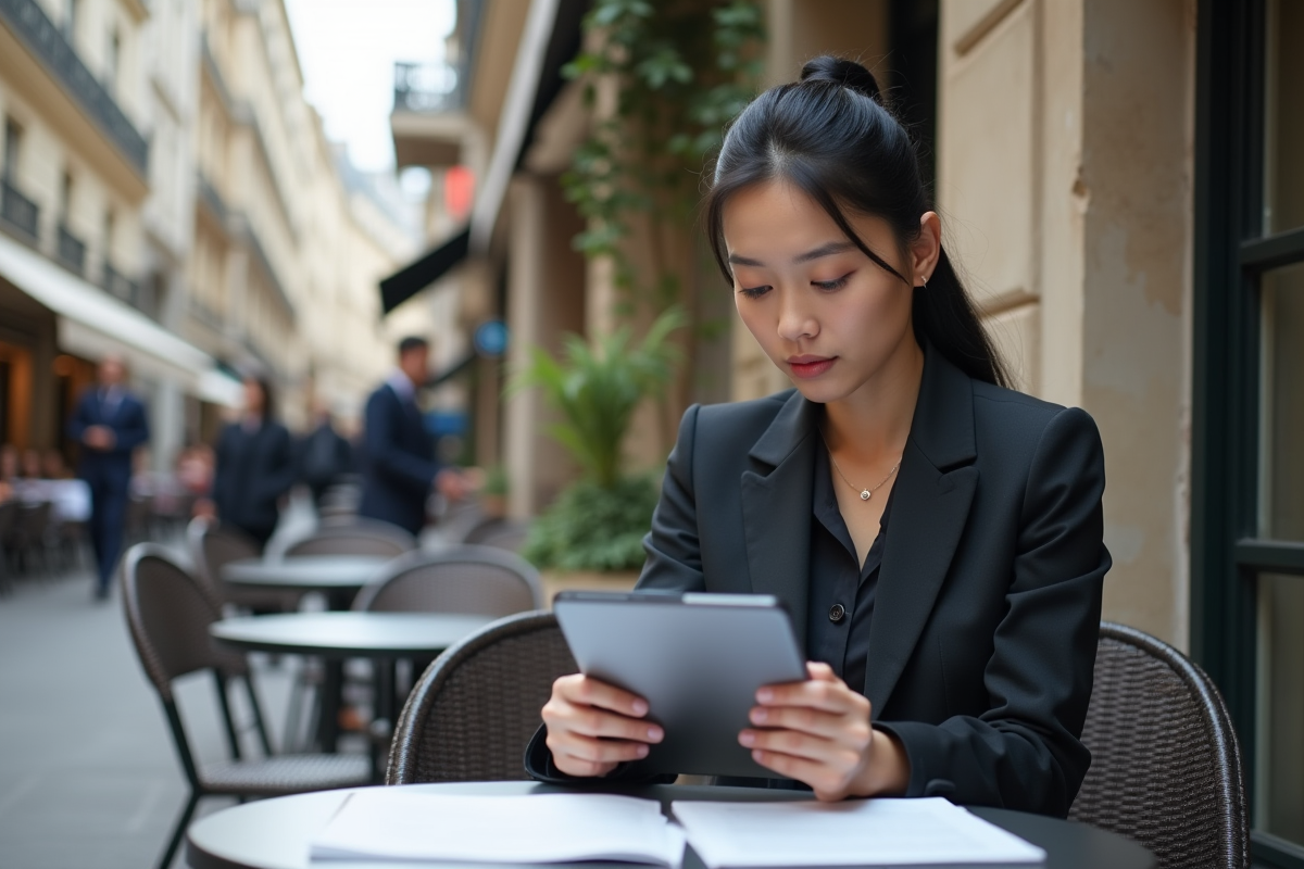 Jeune femme docteur asiatique lisant documents au cafe