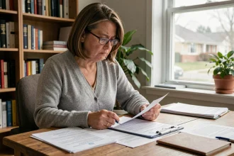 Femme d'une quarantaine d'années consultant son dossier MDPH pour discopathie dégénérative et AAH à son bureau