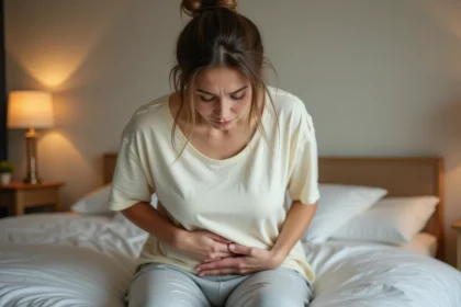 Femme tenant son abdomen avec une expression de douleur, assise sur un lit, illustrant les douleurs pelviennes liées aux kystes ovariens