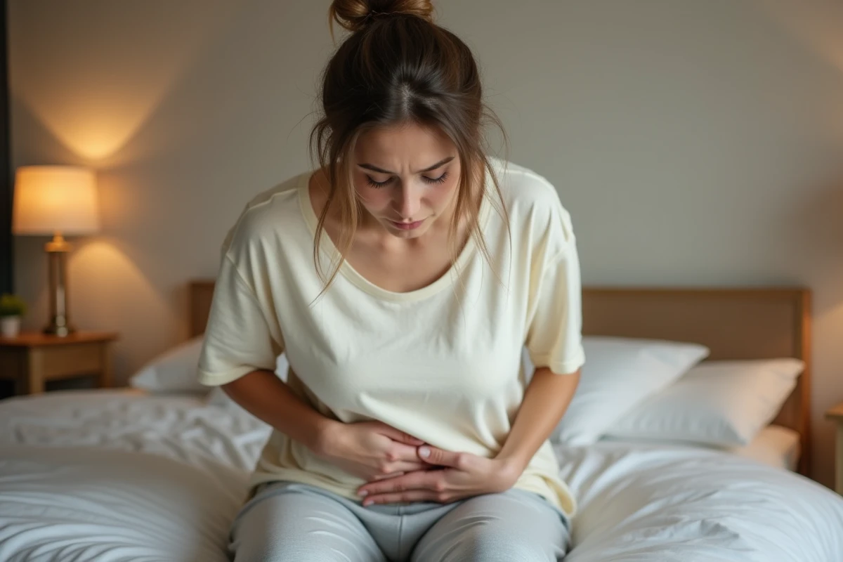Femme tenant son abdomen avec une expression de douleur, assise sur un lit, illustrant les douleurs pelviennes liées aux kystes ovariens