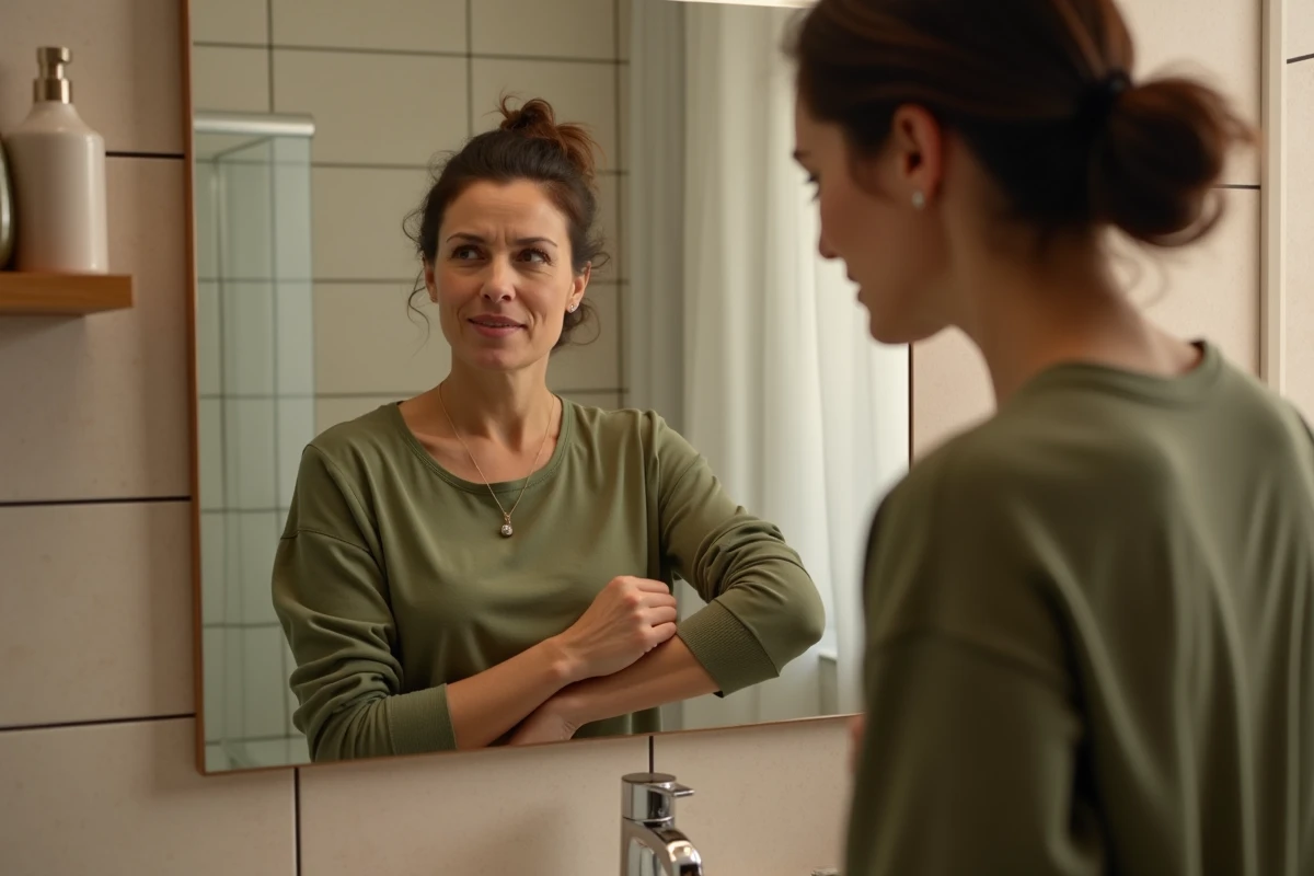 Femme examinant son aisselle gauche douloureuse devant un miroir de salle de bain après un vaccin