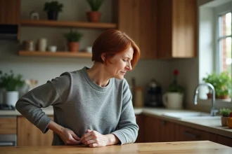 Femme d'âge mûr souffrant de douleurs chroniques au dos dans une cuisine chaleureuse