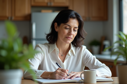 Femme d'&acirc;ge moyen &eacute;crivant dans un journal en cuisine