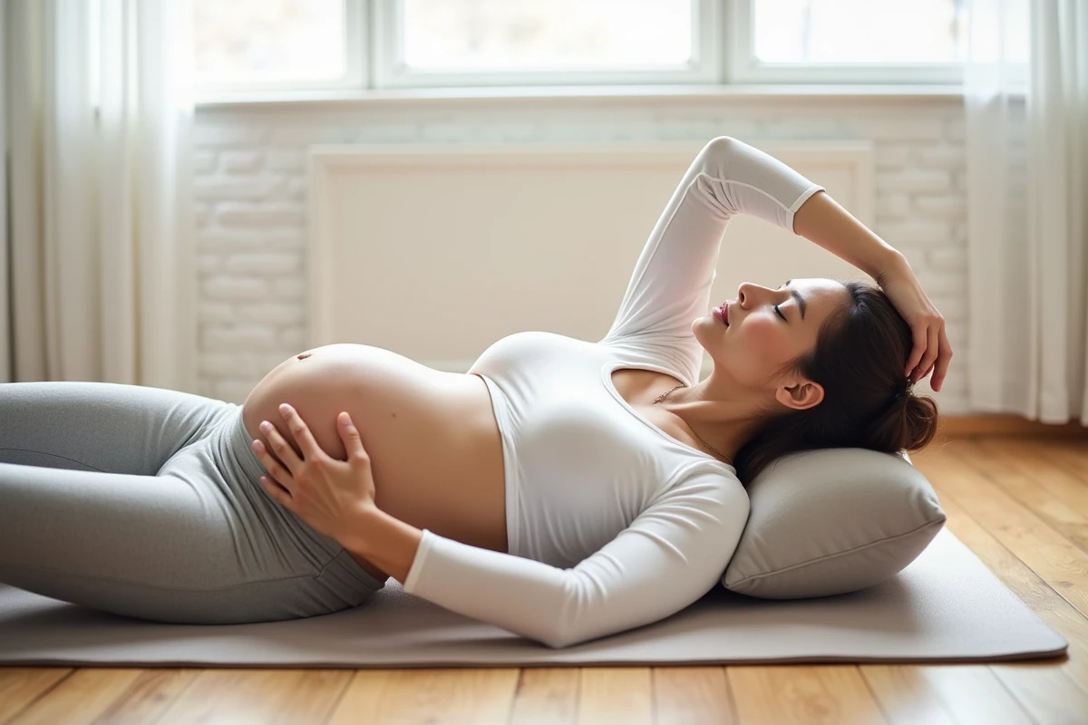 Femme enceinte allongée sur un tapis de yoga avec le bras gauche levé, explorant une douleur sous l'aisselle pendant la grossesse