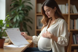 Femme enceinte consultant un calendrier pour calculer son terme de grossesse