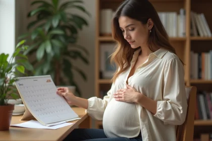 Femme enceinte consultant un calendrier pour calculer son terme de grossesse