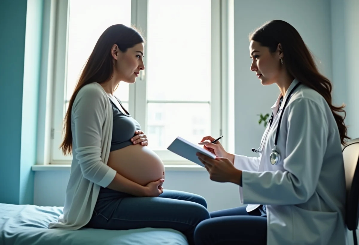 Femme enceinte inquiète en consultation médicale lumineuse
