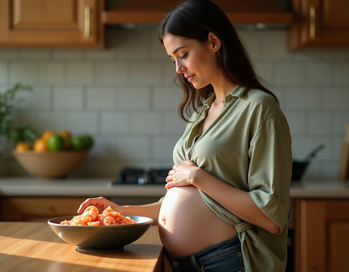 Femme enceinte examinant un bol de crevettes cuites dans une cuisine, alimentation saine pendant la grossesse