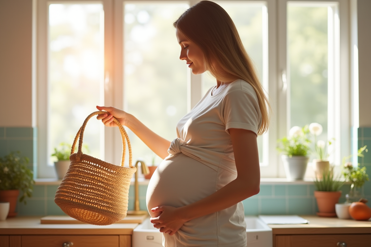 Femme enceinte soulevant un panier dans une cuisine lumineuse