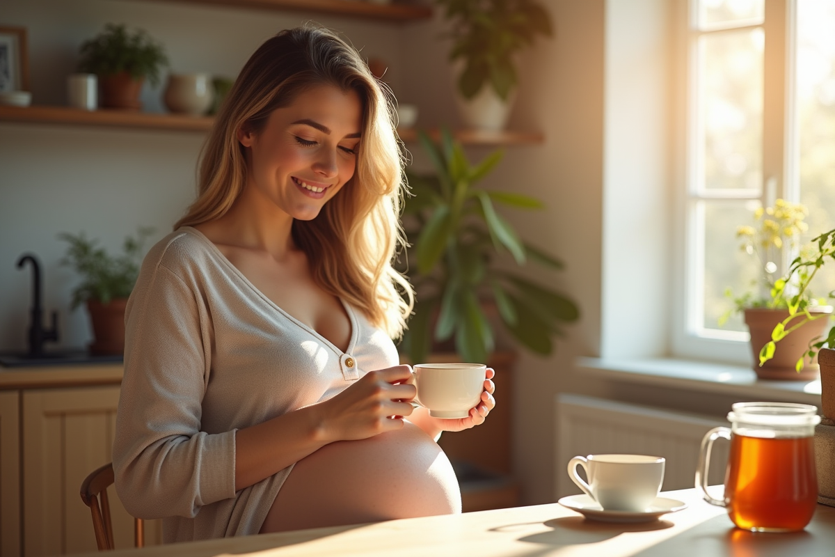 Femme enceinte souriante buvant une tisane au matin