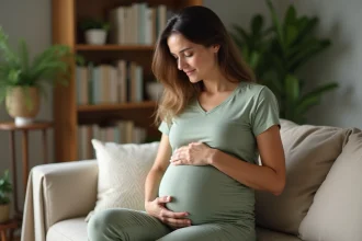 Femme enceinte au troisième trimestre tenant sa main sous l'aisselle gauche avec une expression préoccupée, assise dans un salon confortable
