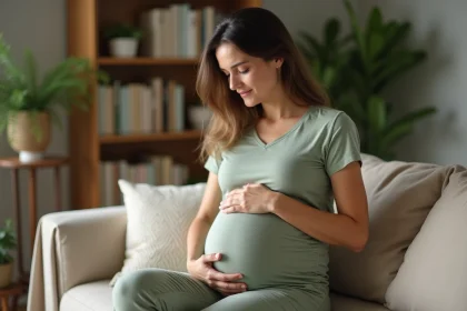Femme enceinte au troisième trimestre tenant sa main sous l'aisselle gauche avec une expression préoccupée, assise dans un salon confortable