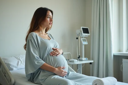 Femme enceinte assise sur un lit de maternité en attente du travail, dilatation du col de l'utérus