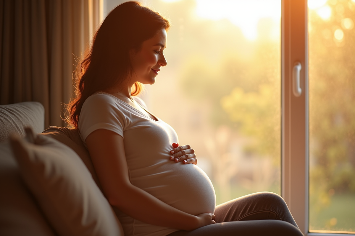 Femme enceinte assise près d'une grande fenêtre lumineuse