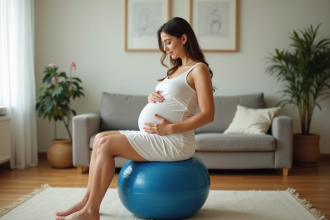 Femme enceinte assise sur ballon de yoga dans un salon chaleureux
