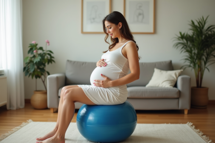 Femme enceinte assise sur ballon de yoga dans un salon chaleureux
