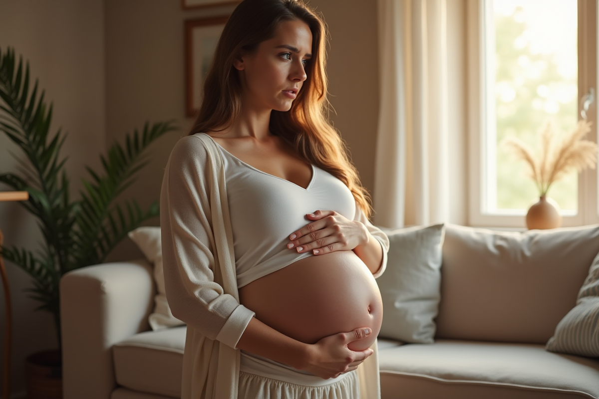 Femme enceinte dans un salon lumineux et cosy