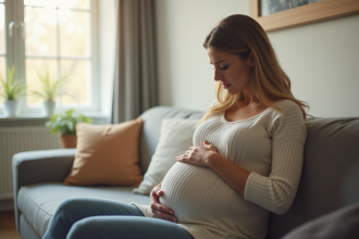 Femme enceinte assise sur un canapé dans un salon lumineux