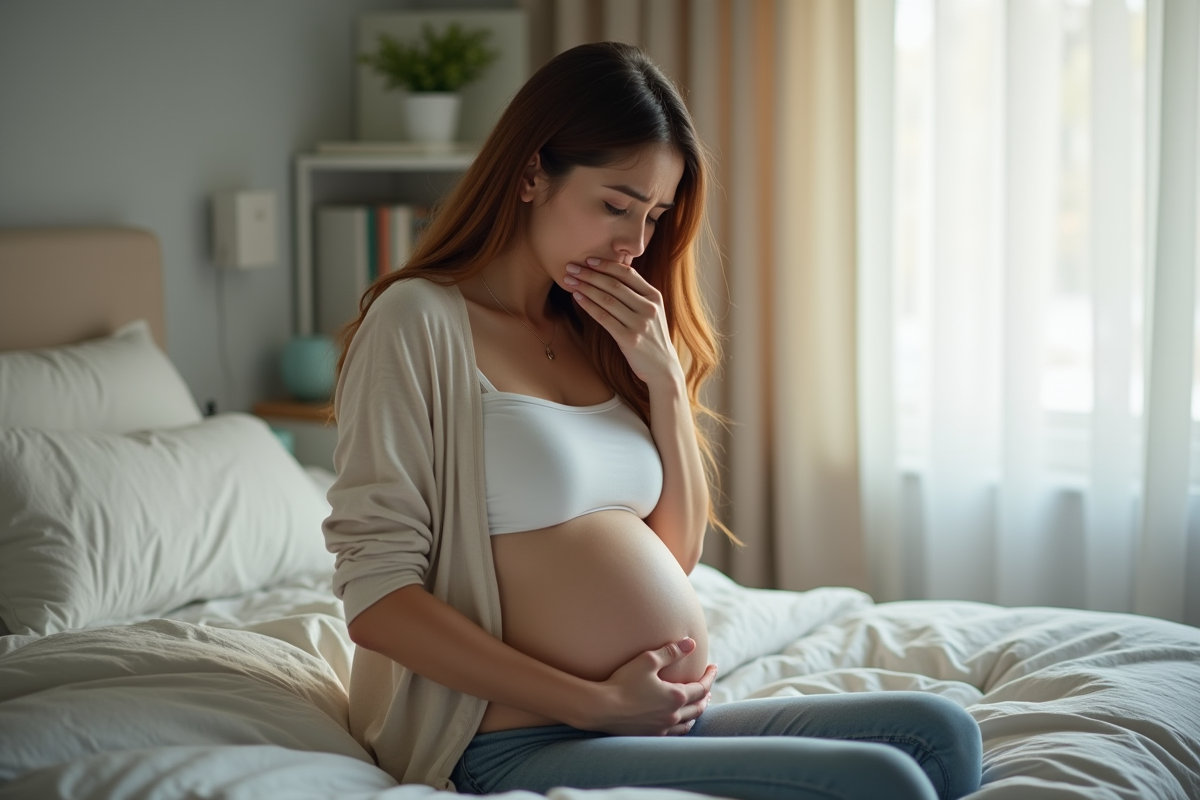 Jeune femme enceinte assise sur le lit avec expression inquiète