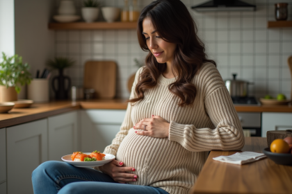 Femme enceinte dans la cuisine avec sushi et ambiance chaleureuse