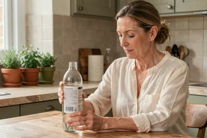 Femme lisant l'étiquette d'une bouteille d'eau pour choisir l'eau adaptée aux reins sensibles