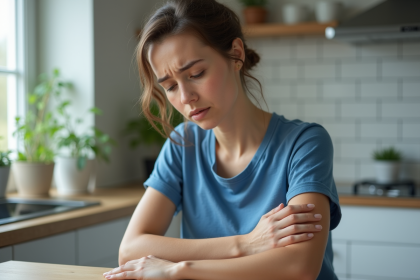 Femme regardant une petite mole sur son bras avec inquiétude