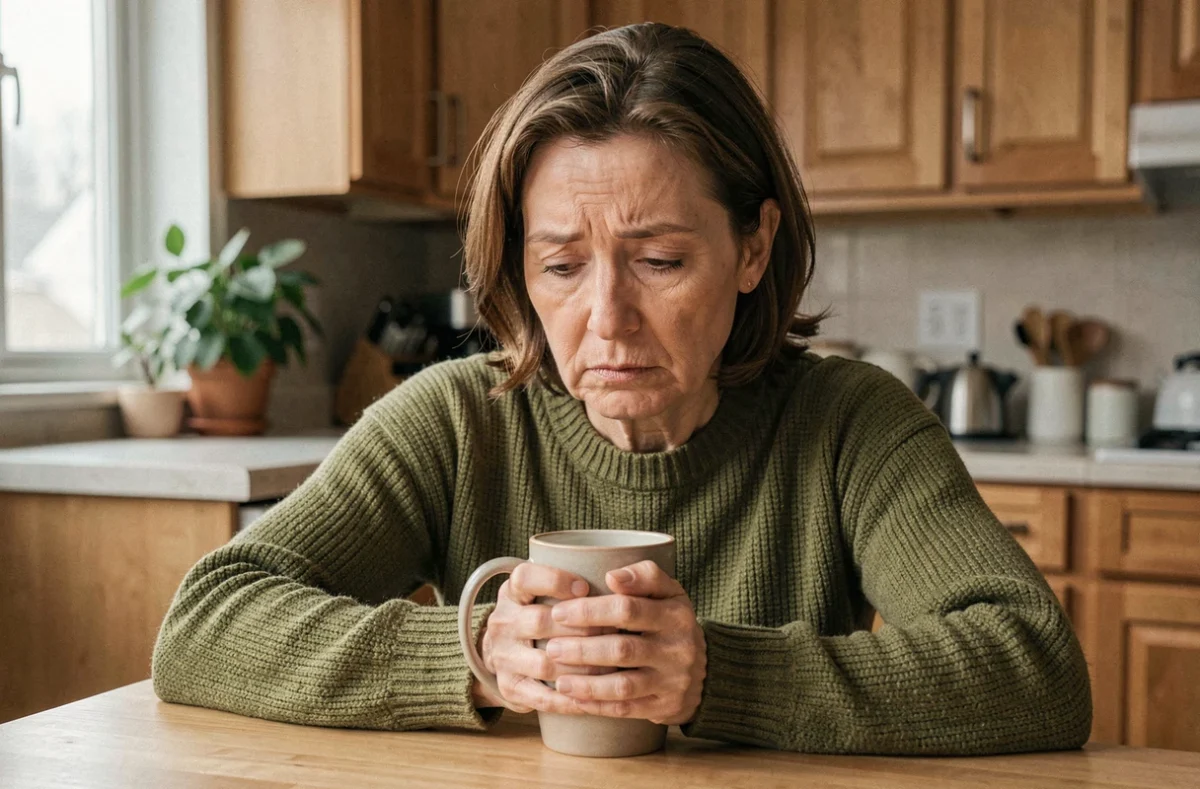 Femme épuisée assise à la table de cuisine avec une tasse, symbolisant la fatigue chronique persistante après une névrite vestibulaire
