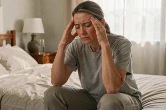 Femme fatiguée assise sur le bord de son lit, mains sur les tempes, illustrant les séquelles de névrite vestibulaire et la fatigue chronique