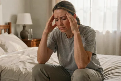 Femme fatiguée assise sur le bord de son lit, mains sur les tempes, illustrant les séquelles de névrite vestibulaire et la fatigue chronique