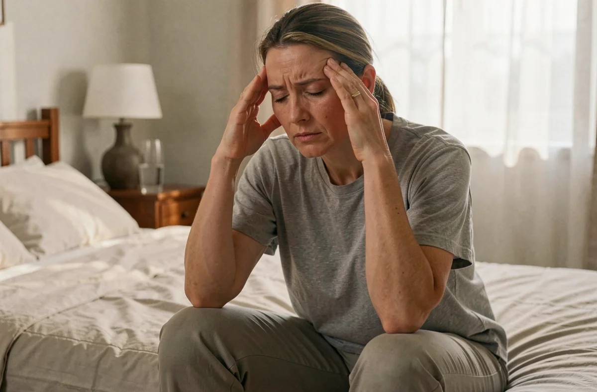 Femme fatiguée assise sur le bord de son lit, mains sur les tempes, illustrant les séquelles de névrite vestibulaire et la fatigue chronique