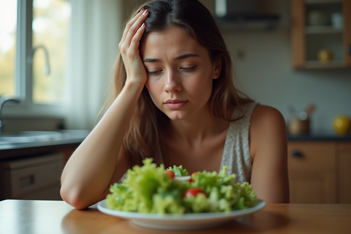 Jeune femme fatiguée mange une petite salade à la maison