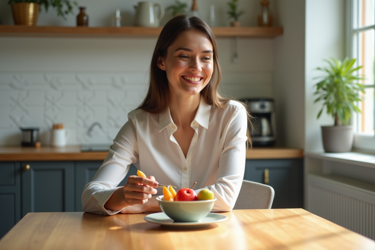 Femme en habits professionnels mangeant des fruits au matin