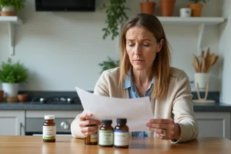 Femme d'âge moyen examine des compléments naturels à la maison