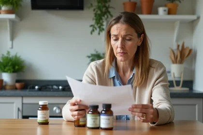 Femme d'&acirc;ge moyen examine des compl&eacute;ments naturels &agrave; la maison