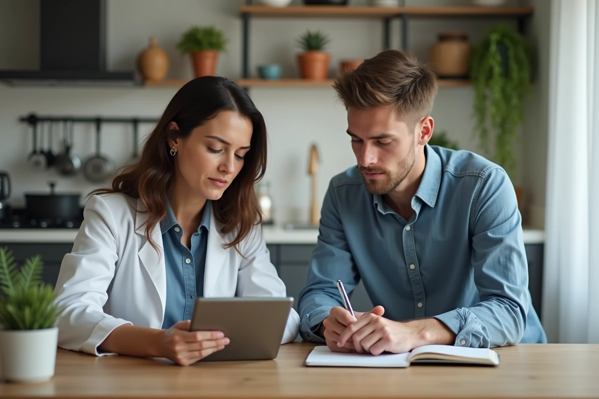 Femme et homme discutant santé à la maison