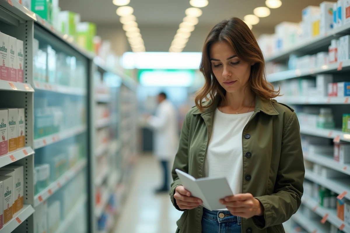 Femme lisant une brochure médicale en pharmacie, s'informant sur les symptômes des kystes ovariens et les douleurs associées