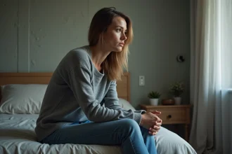 Femme d'âge moyen assise sur le lit dans une chambre calme