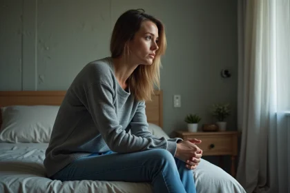 Femme d'&acirc;ge moyen assise sur le lit dans une chambre calme