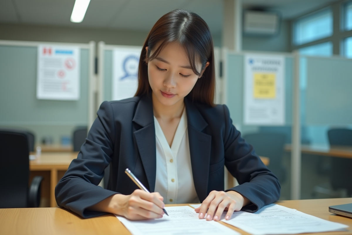 Femme japonaise en costume au bureau remplissant des documents