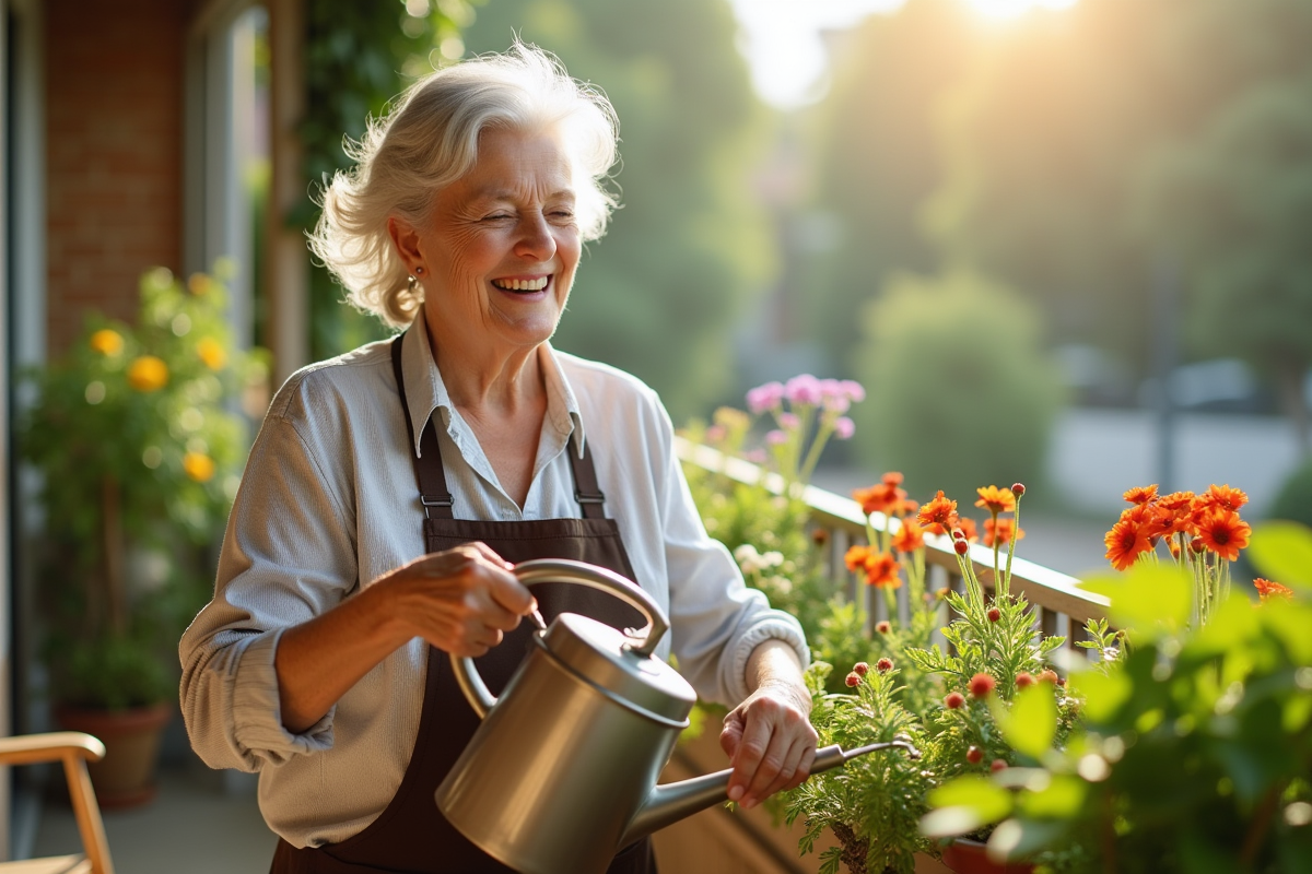 Femme âgée arrosant ses plantes sur un balcon ensoleillé